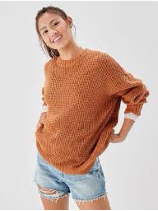 American Eagle Outfitters Sweaters - AE Oversized Waffle Knit Crewneck Sweater - Camel/Brown